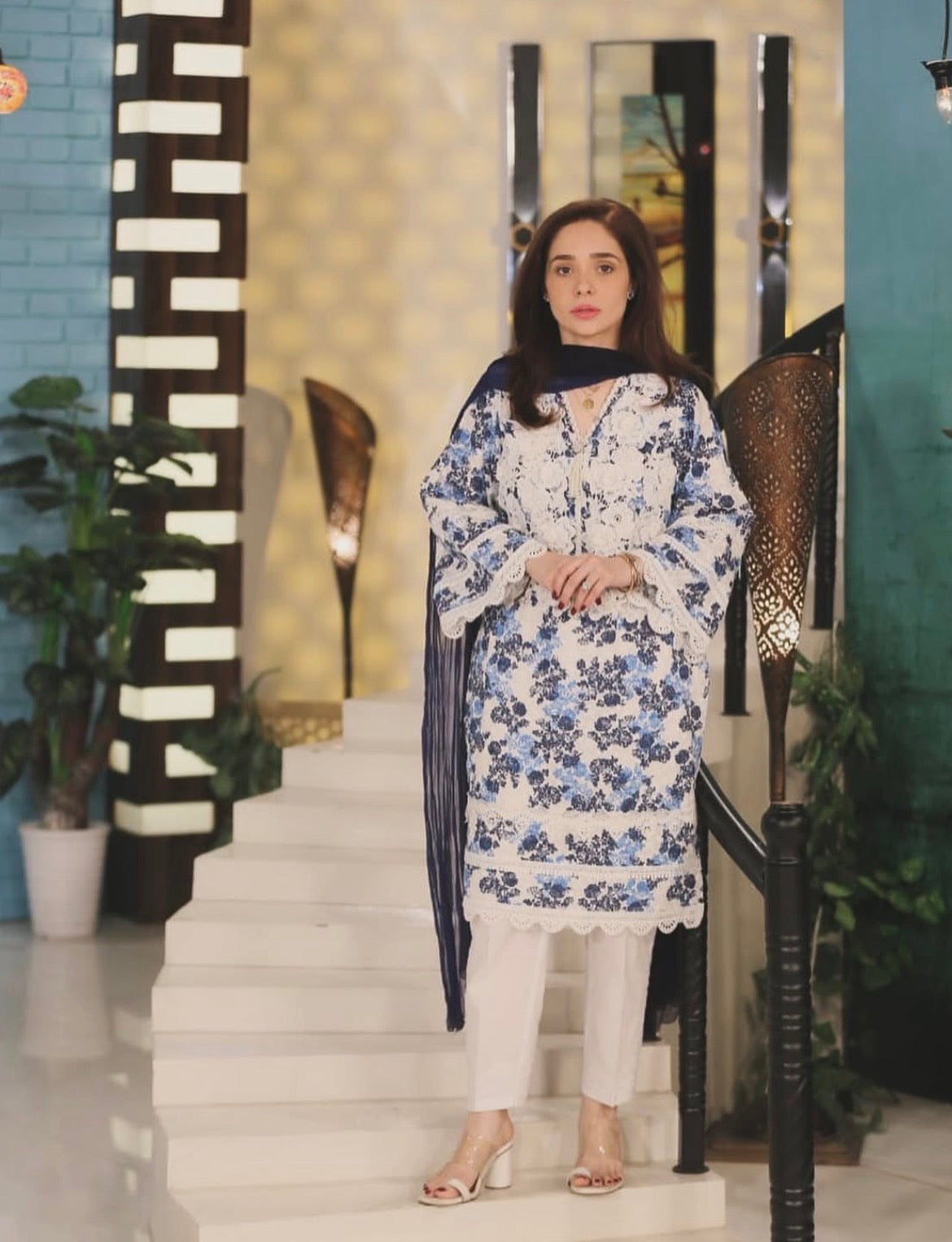 3 pcs Blue Plain Dupatta