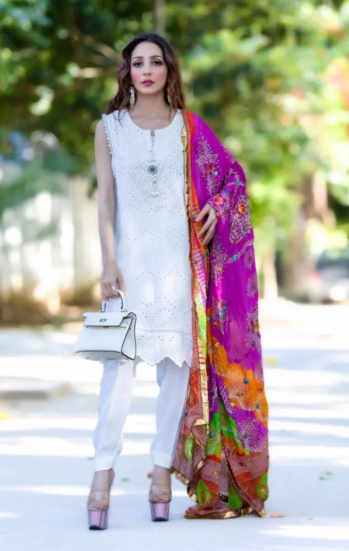 3 pcs White Sleeveless with Multi Dupatta