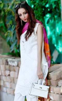 3 pcs White Sleeveless with Multi Dupatta