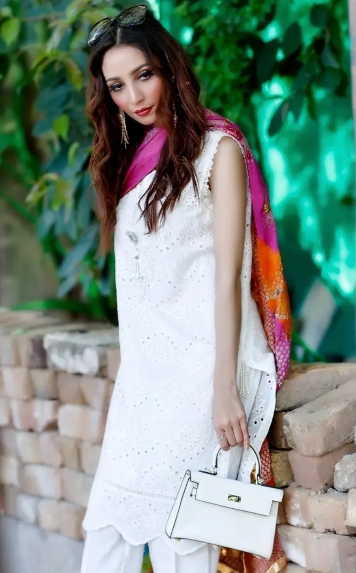 3 pcs White Sleeveless with Multi Dupatta