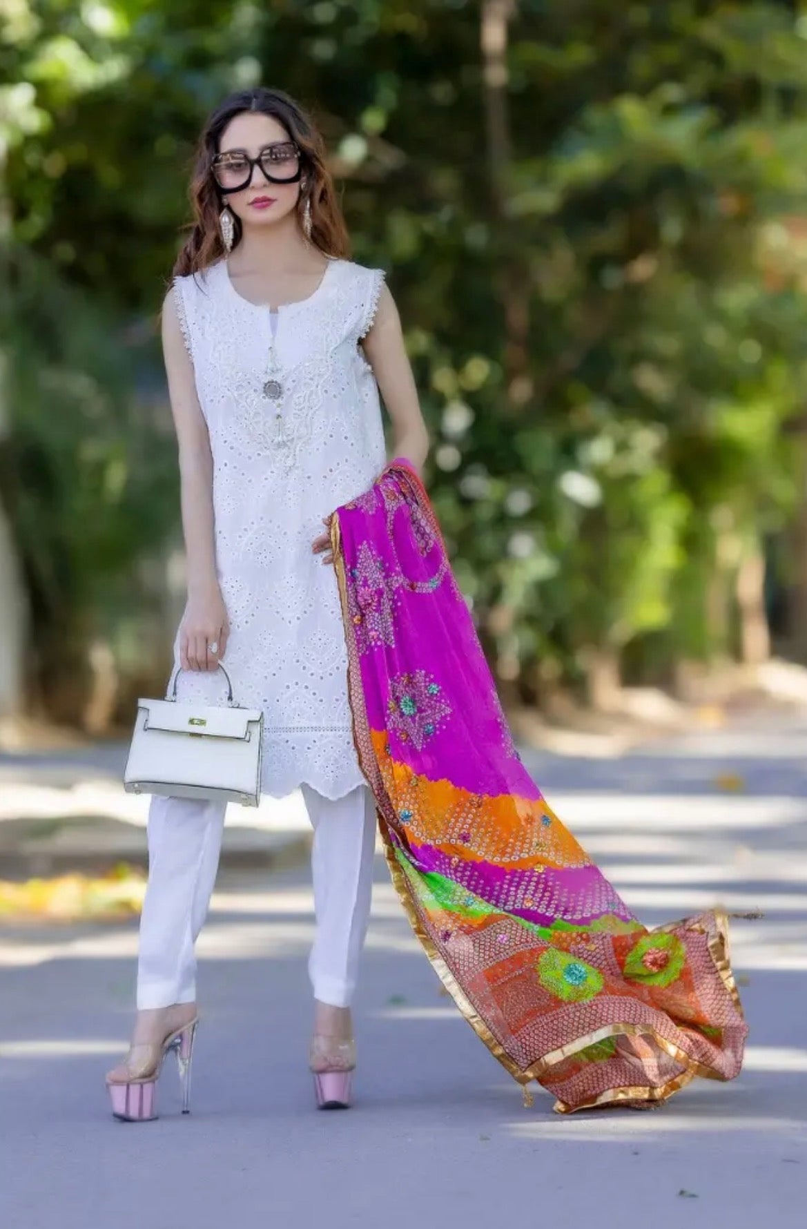 3 pcs White Sleeveless with Multi Dupatta