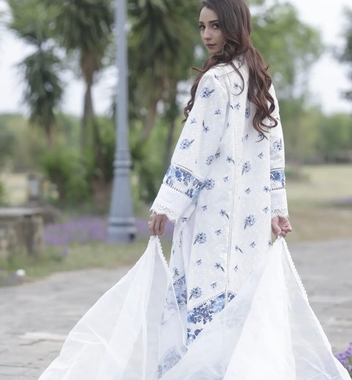 3 pcs Whie with Blue Flowers
