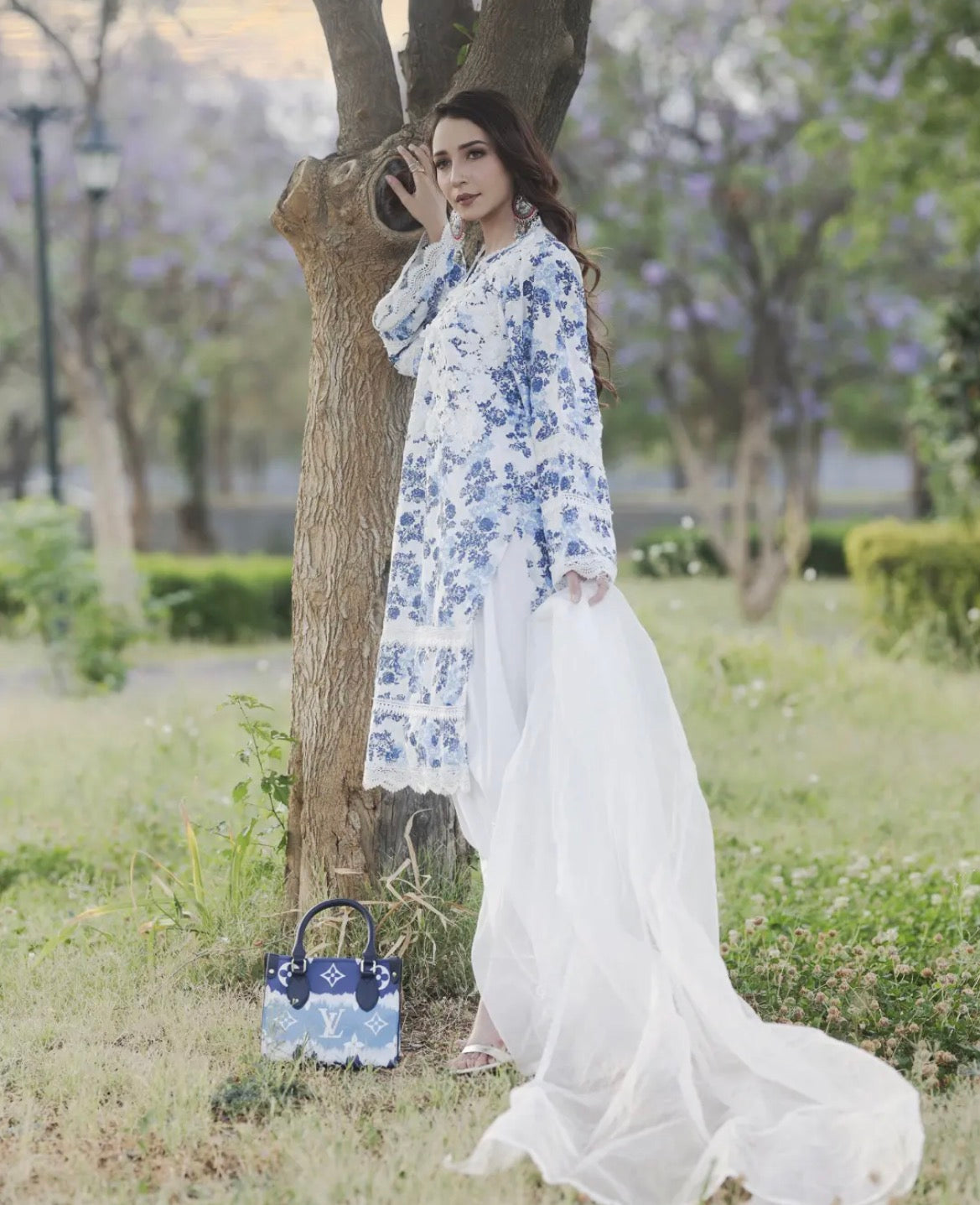 3 pcs White with Blue Flowers