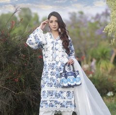 3 pcs White with Blue Flowers