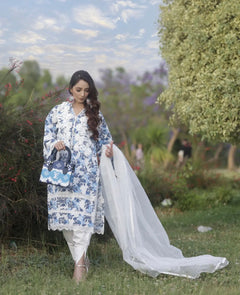 3 pcs White with Blue Flowers