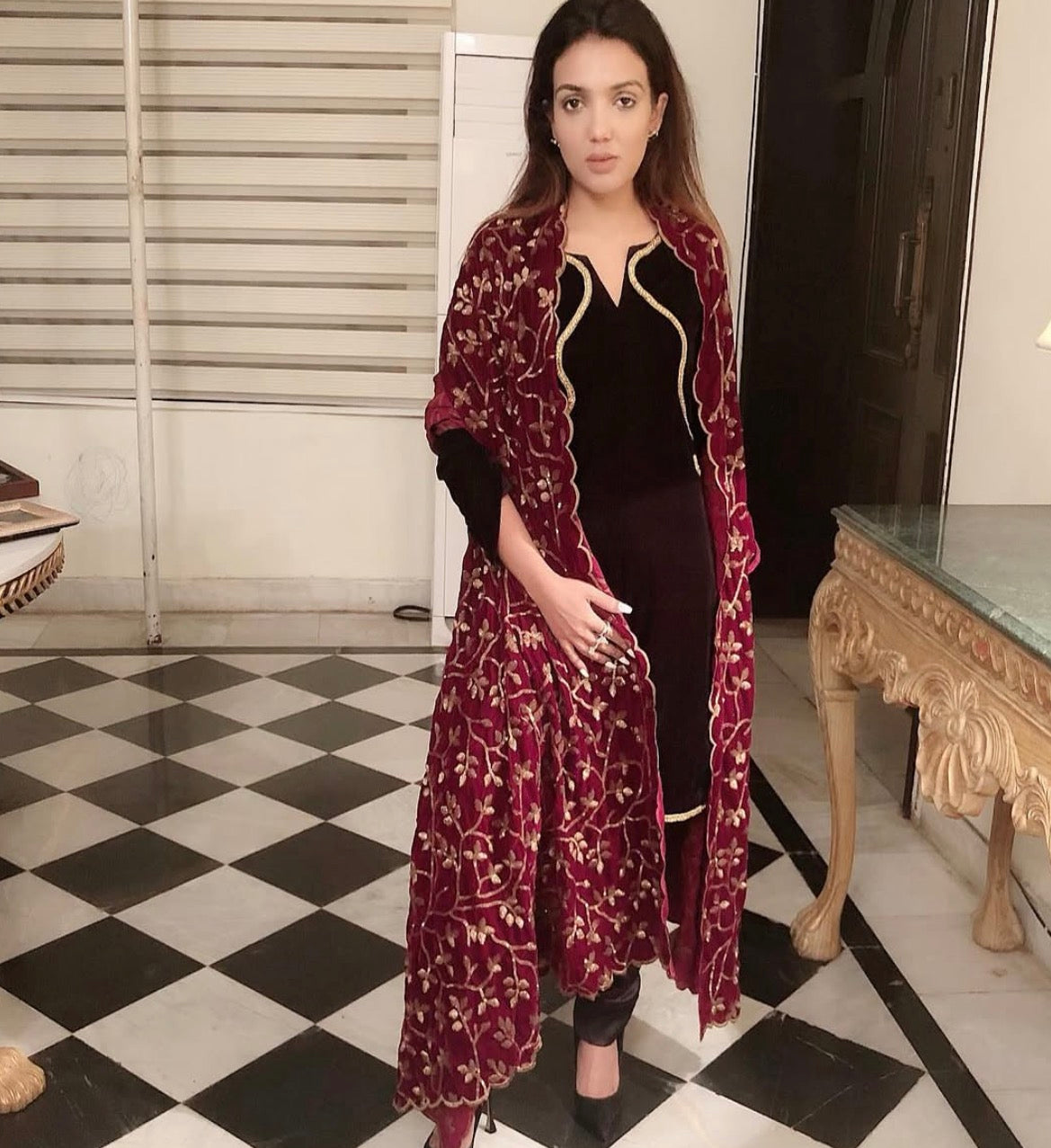 3 pcs with Mehroon Fancy Dupatta
