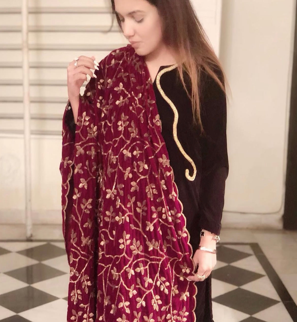 3 pcs with Mehroon Fancy Dupatta
