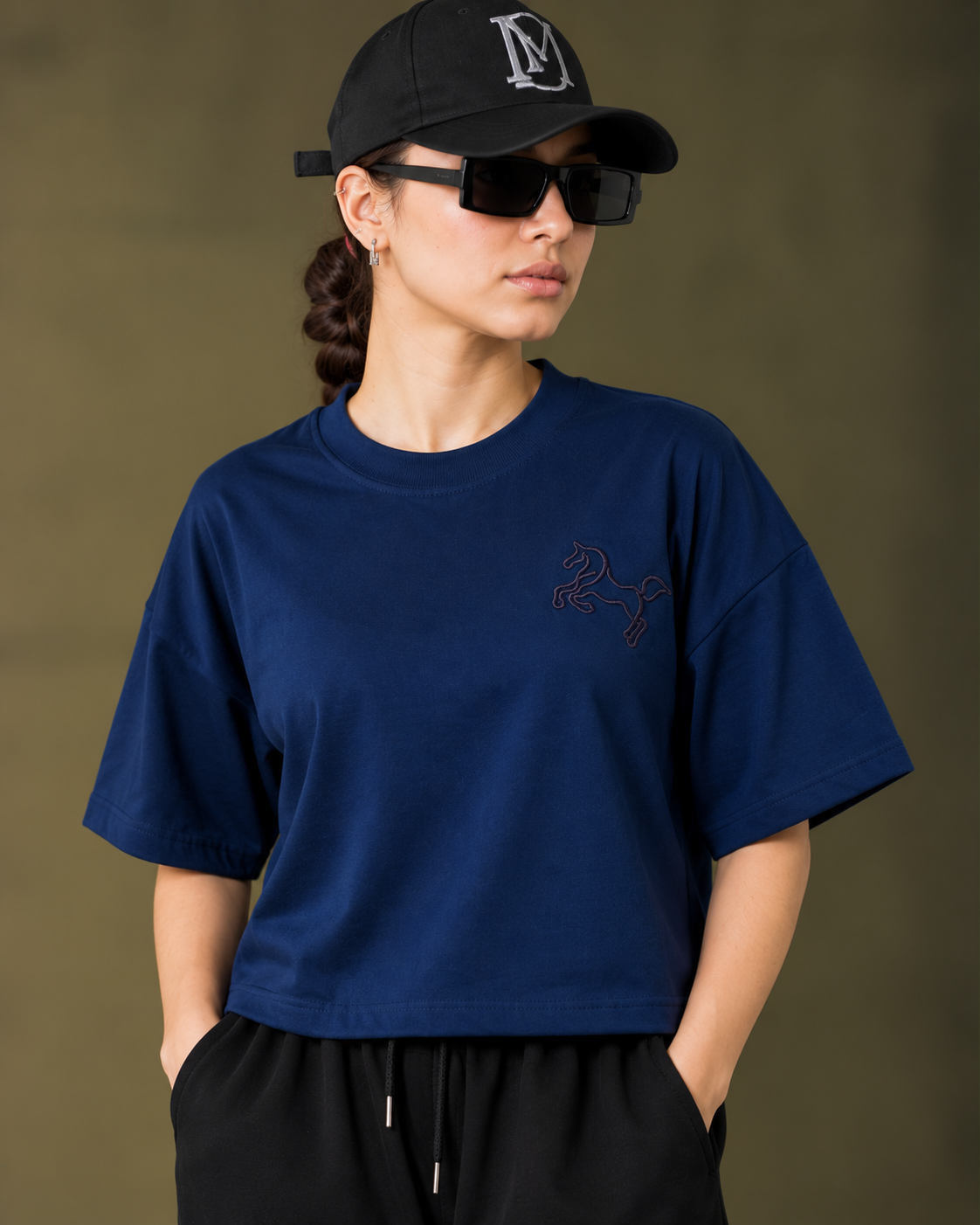 Gen Z Inspired Oversized Embroided T-Shirt  Navy Bule
