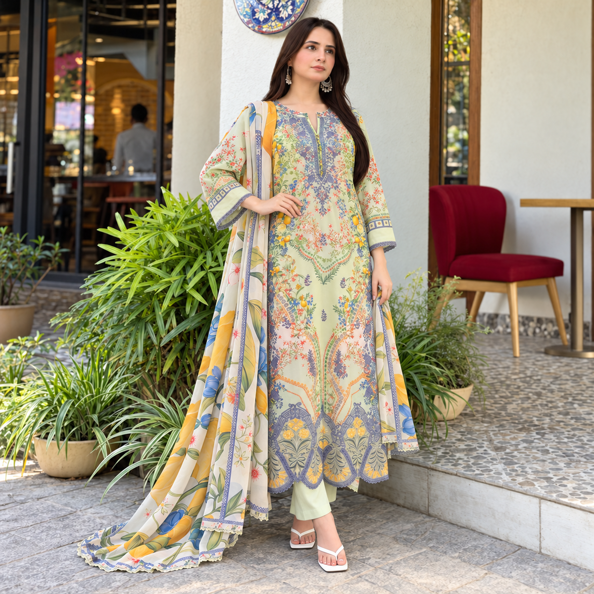 Floral Elegance 2 Piece Printed Lawn Shirt with Dupatta