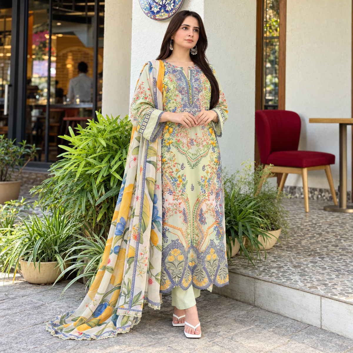 Floral Elegance 2 Piece Printed Lawn Shirt with Dupatta