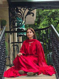 Deep Red Embroidered 3PC Suit | Elegant Festive Wear